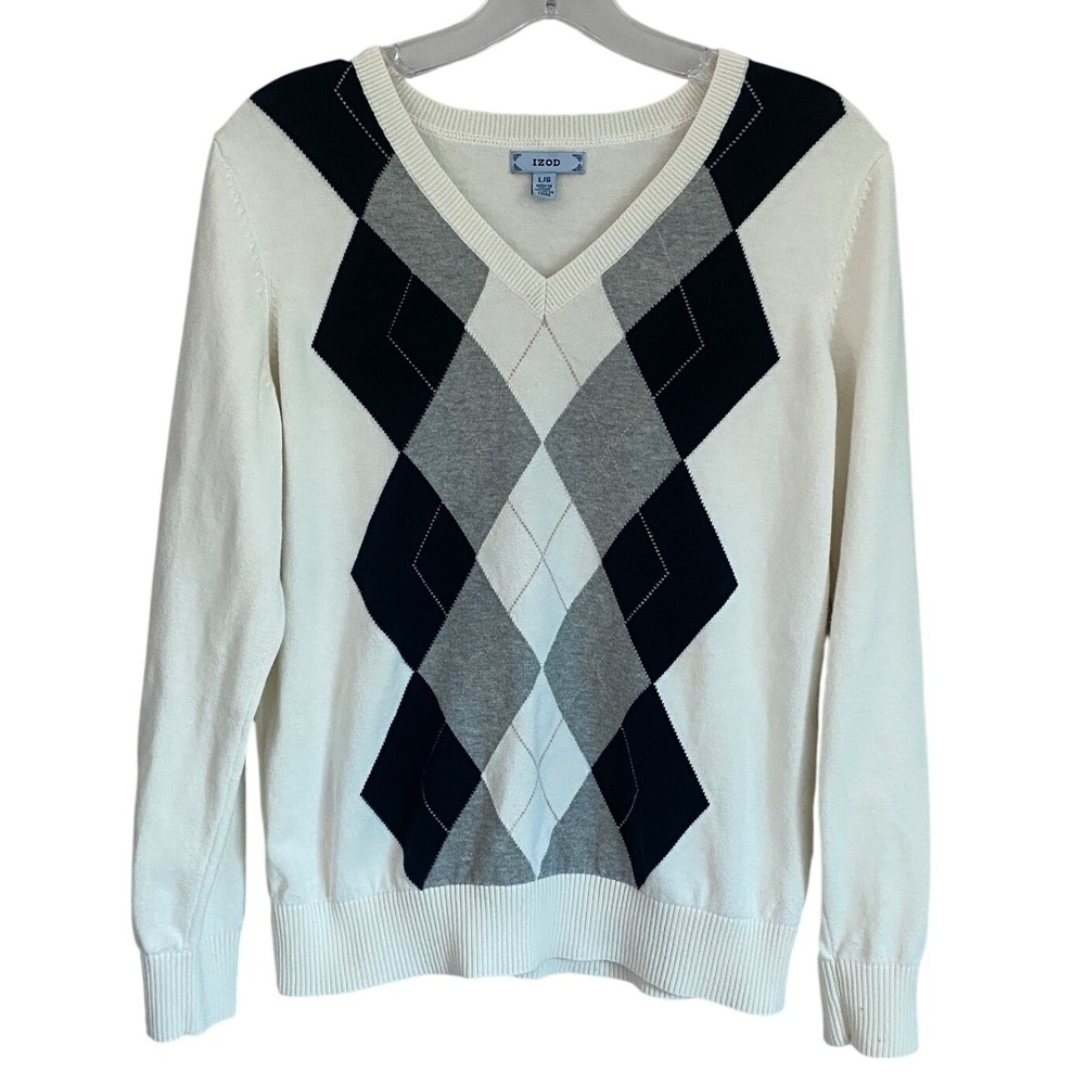 IZOD Womens Argyle V-Neck Sweater White Black Grey 100 Cotton Long Sleeve‎ L